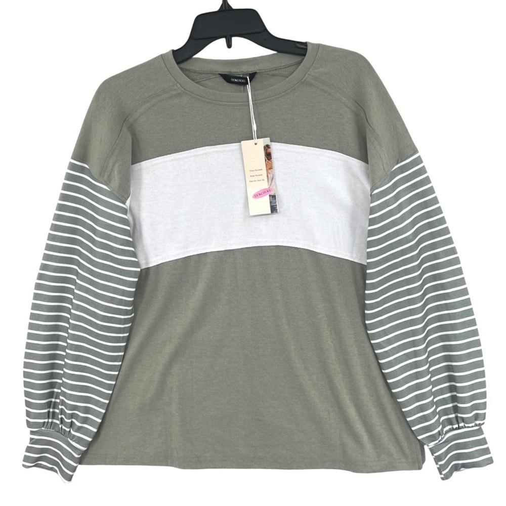 Dokotoo Colorblock Striped Coastal‎ Balloon Sleeve Top Size M Sage Boho Earthy